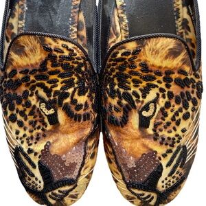 BEVERLY FELDMAN Fabulous Beaded LEOPARD Face Slip-On Fabric SHOES Size 7M